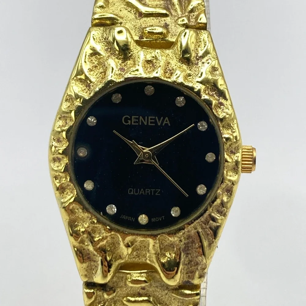 Geneva Womens Watch 24mm Gold Tone Nugget Style Band Black Dial New Battery 7.25